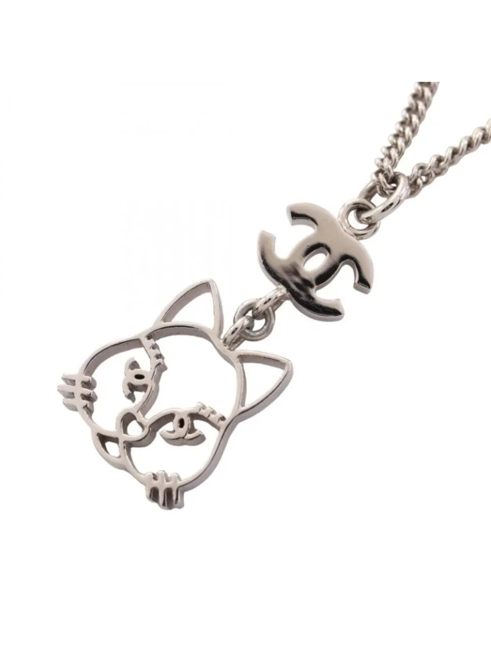 Chanel Necklace CC Logo Cat Silver